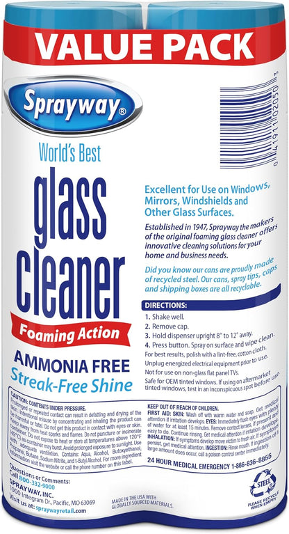 Sprayway Glass Cleaner Foaming Aerosol Spray, 19oz, Pack of 2 | Ammonia-Free, Streakless, Fast-Acting | Cleans & Polishes Glass Surfaces | Fresh Scent, Removes Fingerprints, Dust, Dirt, Smoke Film