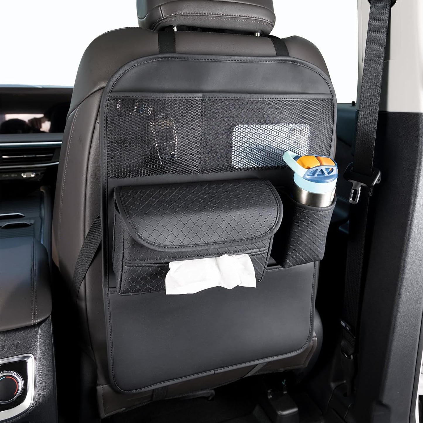 PU Leather Car Seat Back Organizer with Kick Mat Protectors, Tissue Box Storage, Cup Holder, Phone Holder for Road Trips. (Black)