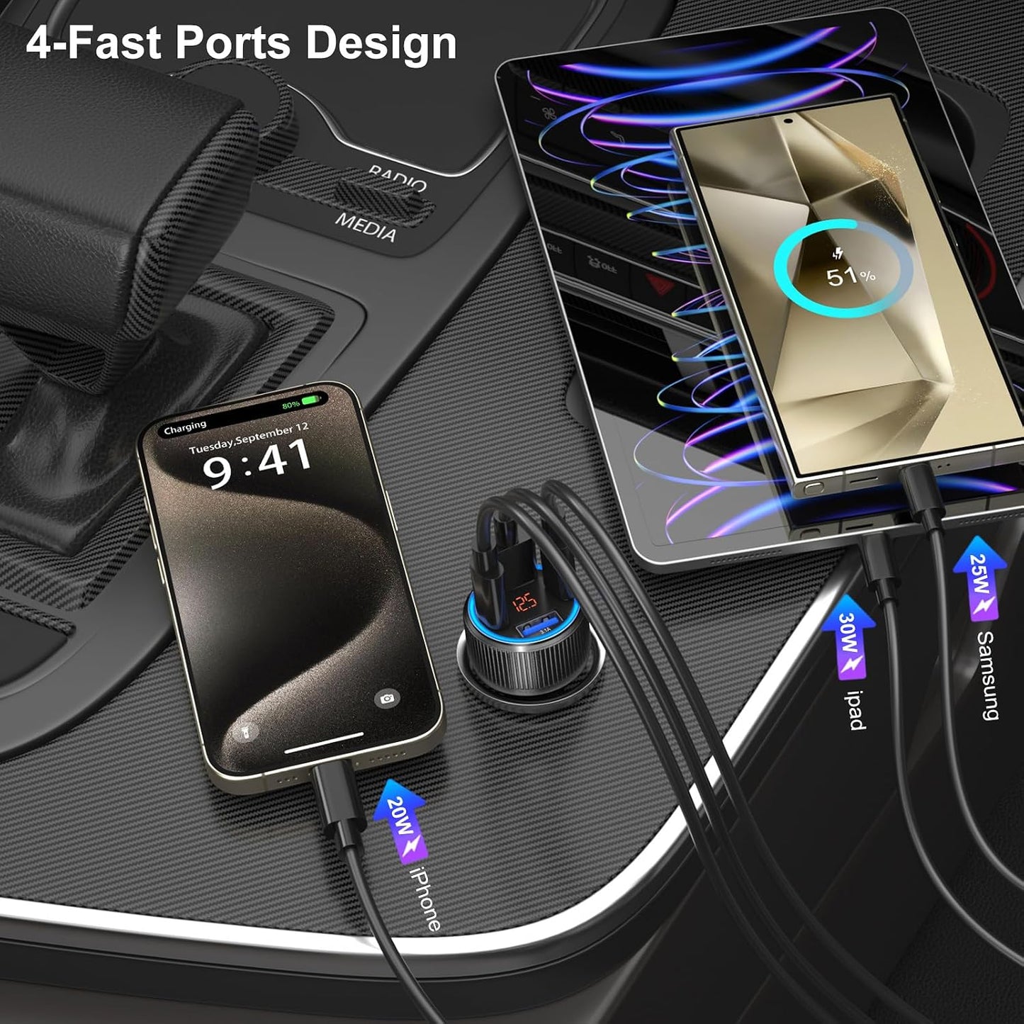 USB C Car Charger 3 Pack, Costyle 65W 4 Port Car Power Adapter with Voltmeter PD 30W/QC 3.0 Fast Charging Cigarette Lighter USB Charger Plug for iPhone 16/15/14/13/12/11 Pro Max/Pad,Android(Black)