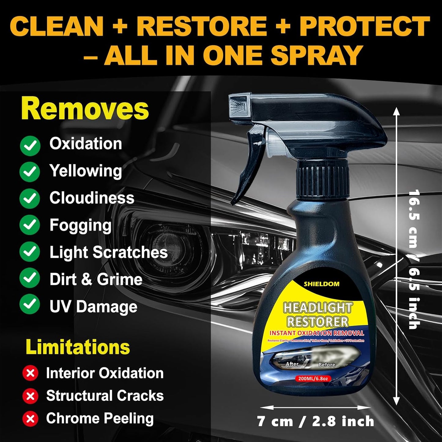 SHIELDOM Headlight Restoration Spray Headlamp Cleaner & Restorer, Instant Renew Oxidation & Yellowed Headlights to Like New Kit with Applicator Pad & Towel, Safe for All Vehicles Lamps 6.8 fl oz