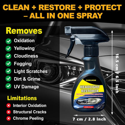 SHIELDOM Headlight Restoration Spray Headlamp Cleaner & Restorer, Instant Renew Oxidation & Yellowed Headlights to Like New Kit with Applicator Pad & Towel, Safe for All Vehicles Lamps 6.8 fl oz
