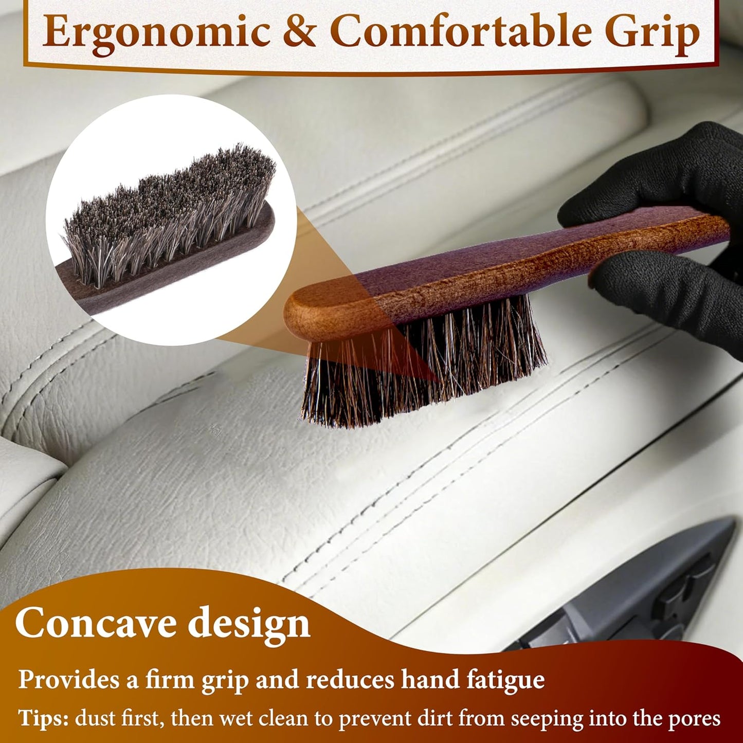 2 PCS Leather Brush Car Detailing, Horse Hair Brush, Car Cleaning Supplies, Car Interior Brush, Carpet Brush for Car Detailing, for Car Accessories Interior, Carpet, Upholstery, Furniture and Shoes