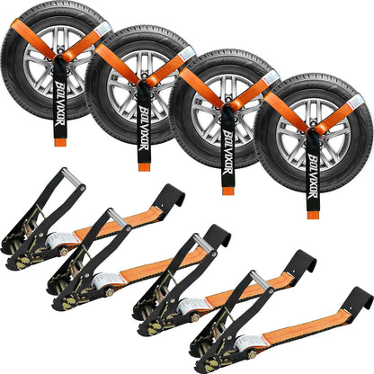 4 Pack Car Tie Down Straps for Trailers - 2" x 96" - 9900LBS Break Strength - Heavy Duty Tire Ratchet Straps with Flat Hooks for Hauling UTV, SUV, Truck, Any Cars