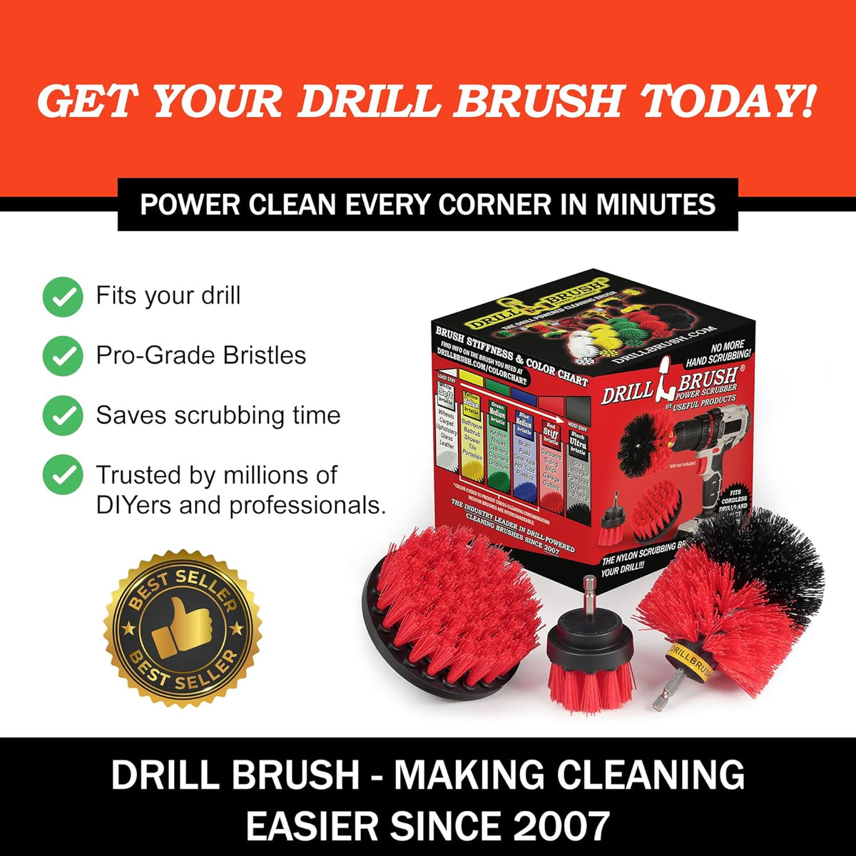 Drillbrush Car Detailing Kit | Drill Brush Set – Soft Bristle Power Scrubber Attachments for Cleaning Car Interior, Upholstery, Carpet, Seats, Wheels, Rims, Dash, Console, and Trim - Nylon Scrub Brush