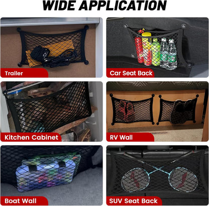 RED WOLF 2 Pcs Universal Cargo Net Pocket Elastic Mesh Netting Car Mesh Pouch for Trunk RV Boats Home Cargo Storage Mesh with Screws and Hooks (25.6'' x 9.8'')