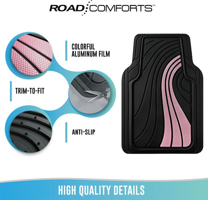 Road Comforts Car Floor Mats Full Set – Front & Rear Car Floor Mats with Aluminum Design, Anti-Slip Backing, All-Weather Protection, Trim-to-Fit Car Mats for Most Sedans, SUVs & Vans -All Pink