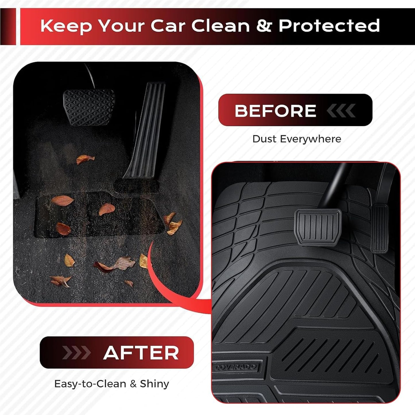 Coverado Car Floor Mats All Weather Waterproof Deep Dish Anti-Slip Car Mats Set, Heavy Duty Rubber Floor Mats for Cars, Universal Trim to Fit Automotive Floor Mats for Cars Trucks SUV, Black&Red