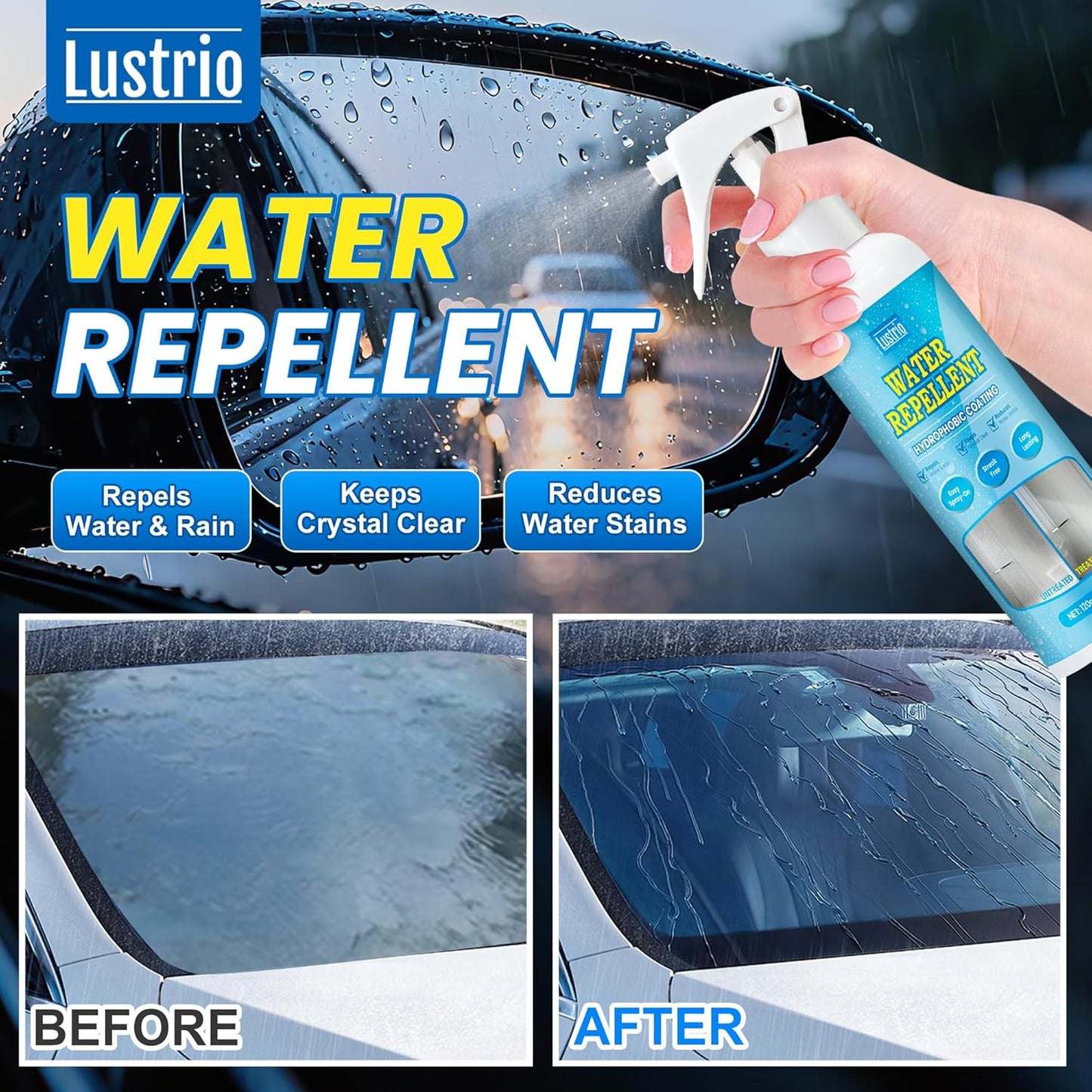 Windshield Rain Repellent Spray – Glass Water Repellent for Car Windows & Bathroom Glass – Easy to Apply Hydrophobic Coating for Side Windows, Shower Doors & Mirrors – Long Lasting (120ml/4oz)