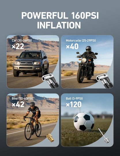AstroAI Cordless Tire Inflator Portable Air Compressor Fast Inflation 160 PSI Air Pump 20V Rechargeable Battery Powered with 12V DC Adapter Digital Pressure Gauge for Cars Motorcycles Bikes Yellow