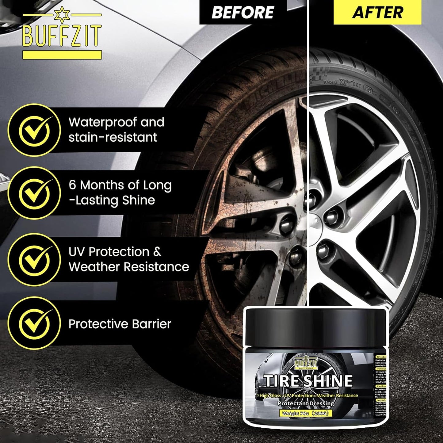 Tire Shine Gel & Wheel Cleaning Wax with Applicator Sponge, Long-Lasting Tire Dressing for Deep Black Wet Gloss Finish, UV Protection for Cars, Trucks, Motorcycles & RVs, 7oz/200g