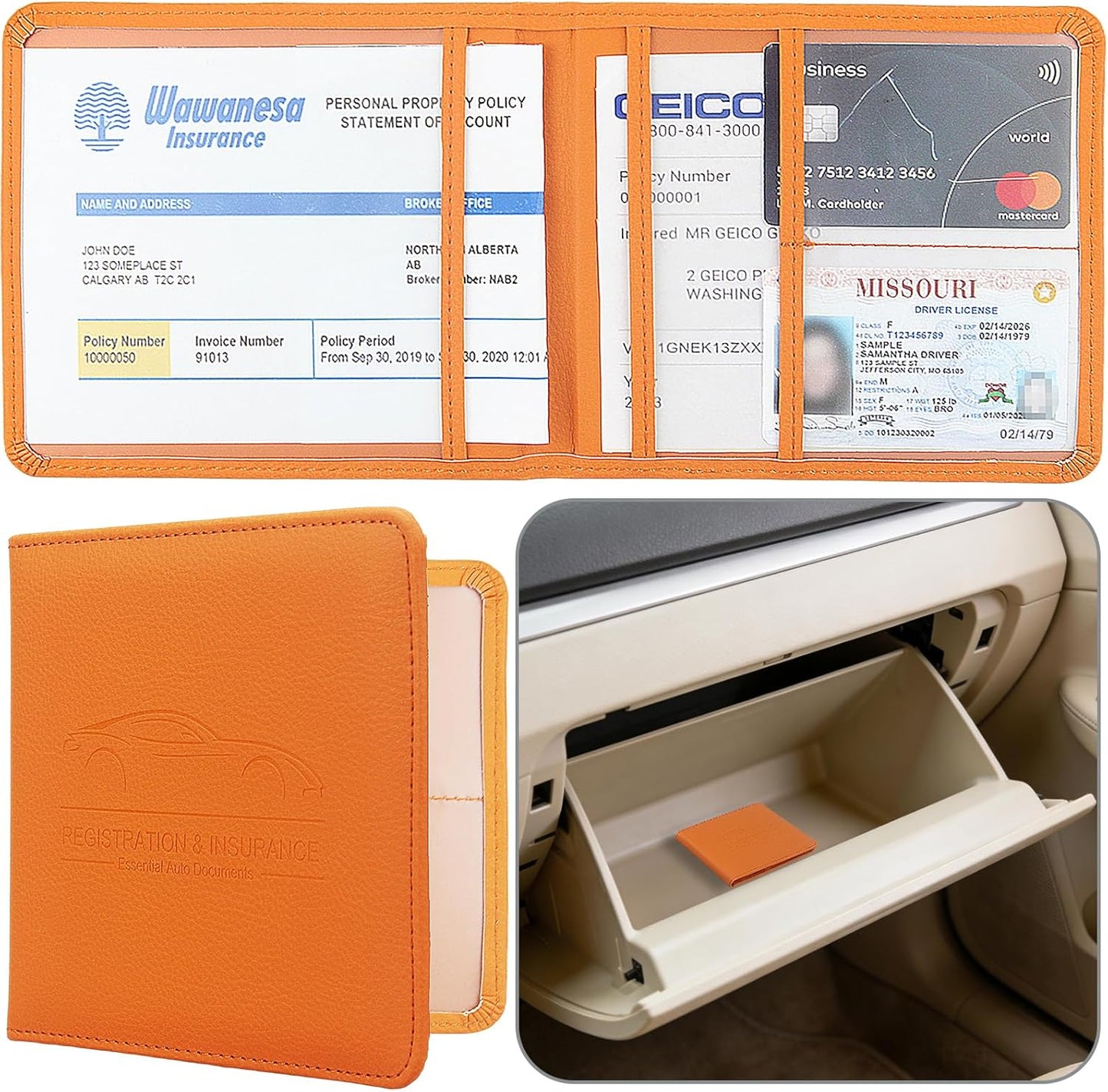 Car Registration and Insurance Holder, Premium Pu Leather Vehicle Glove Box Organizer - for Driver License, Cards & Essential Documents (L-Orange)