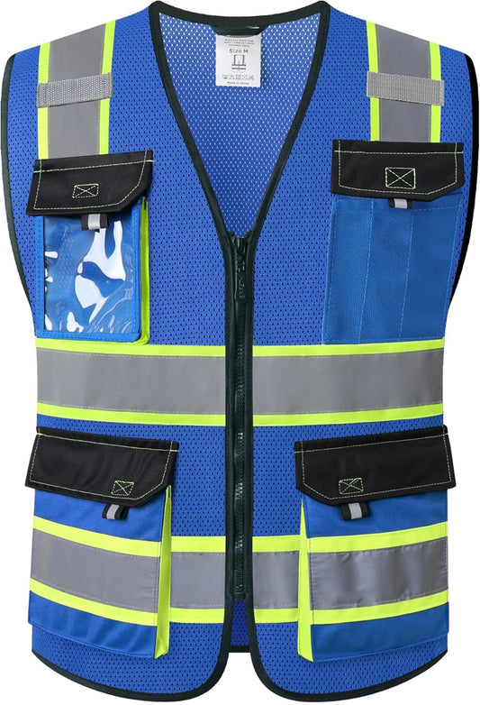 JKSafety Hi Vis Reflective Safety Vests for Men Women High Visibility Vest with Pockets Mesh Fabric Construction Safety Apparel Neon Vest for Work (220-Black L)