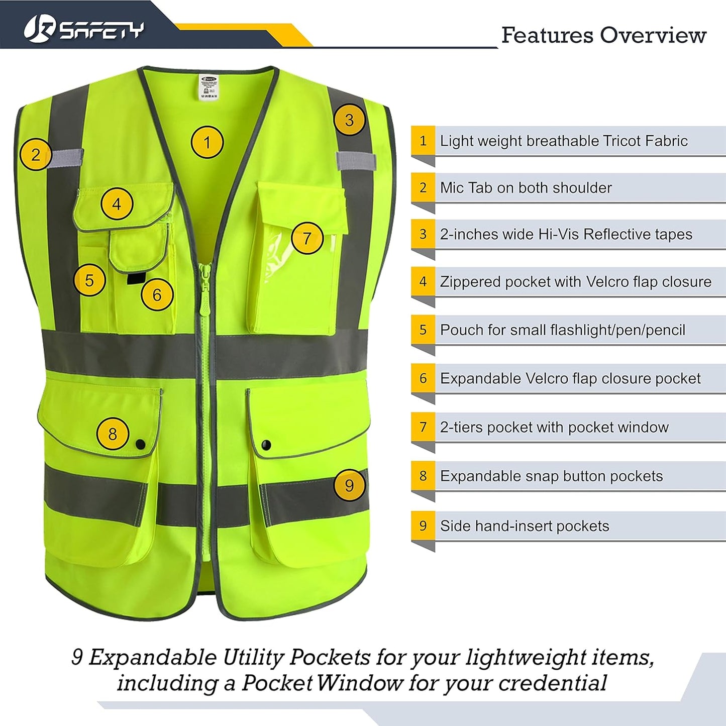 JKSafety 9 Pockets Class 2 High Visibility Zipper Front Safety Vest With Reflective Strips,Meets ANSI/ISEA Standard (Large, 150-Yellow) - Colors B