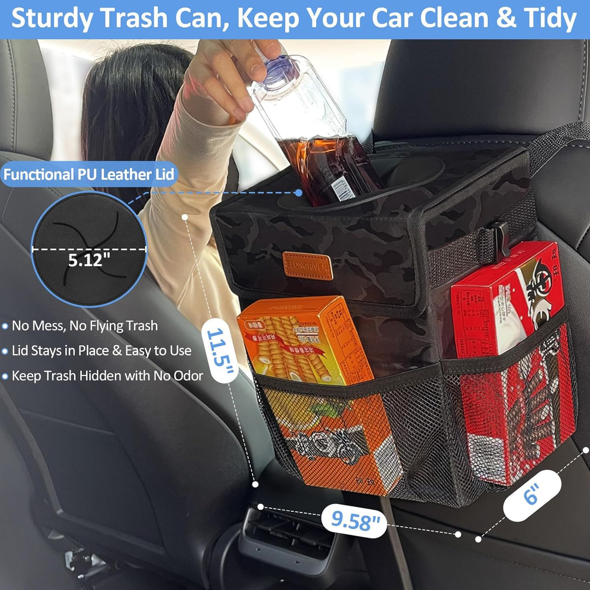 ELONGRIVER Car Trash Can Bin for Back Seat Leak Proof, Cute Car Trash Bag Hanging, Vehicle Trash Can for SUV Truck Van, Automotive Garbage Cans Front Seat Black