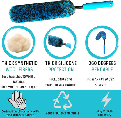 oesee Professional 4 Pack Long Handle Wheel Brush Kit for Cleaning Wheel and Tire- 2X Soft Wheel Cleaning Brush, Detailing Brush and Stiff Tire Brush, Bendable& Durable Wheel Rim Cleaner Brush Set