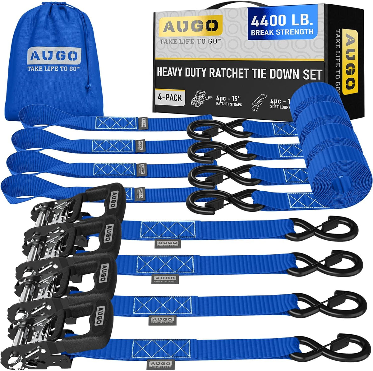 AUGO Ratchet Straps Heavy Duty 4 Pack -15 FT - 2200 LB Break Strength – with Safety Lock S Hooks - Cargo Straps for Moving, Appliances, Motorcycle – Soft Loop Tie Down Straps