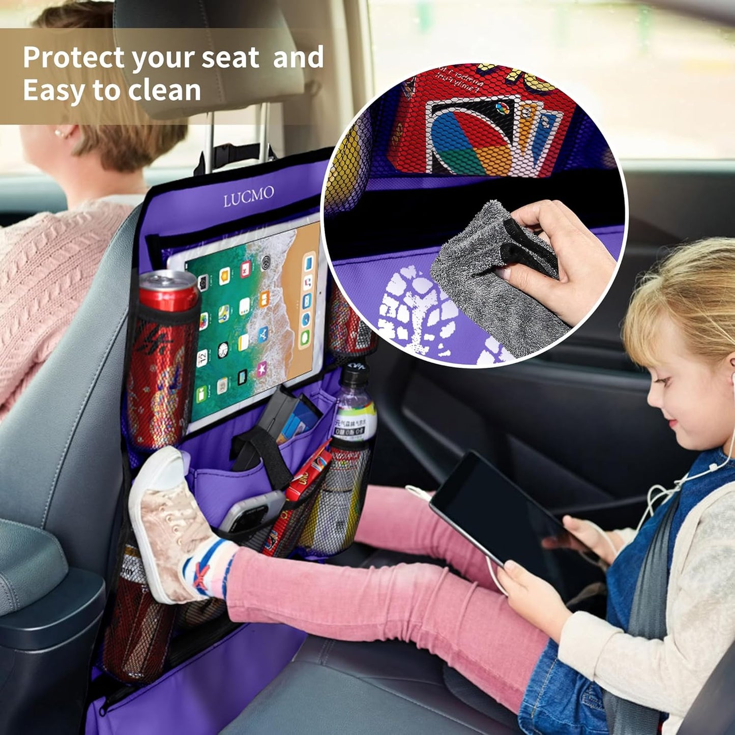 LUCMO Car Backseat Organizer with Tablet Holder,6 Storage Pockets Car Storage Organizer with Foldable Food Tray,Protectors Kick Mats Travel Accessories-Black