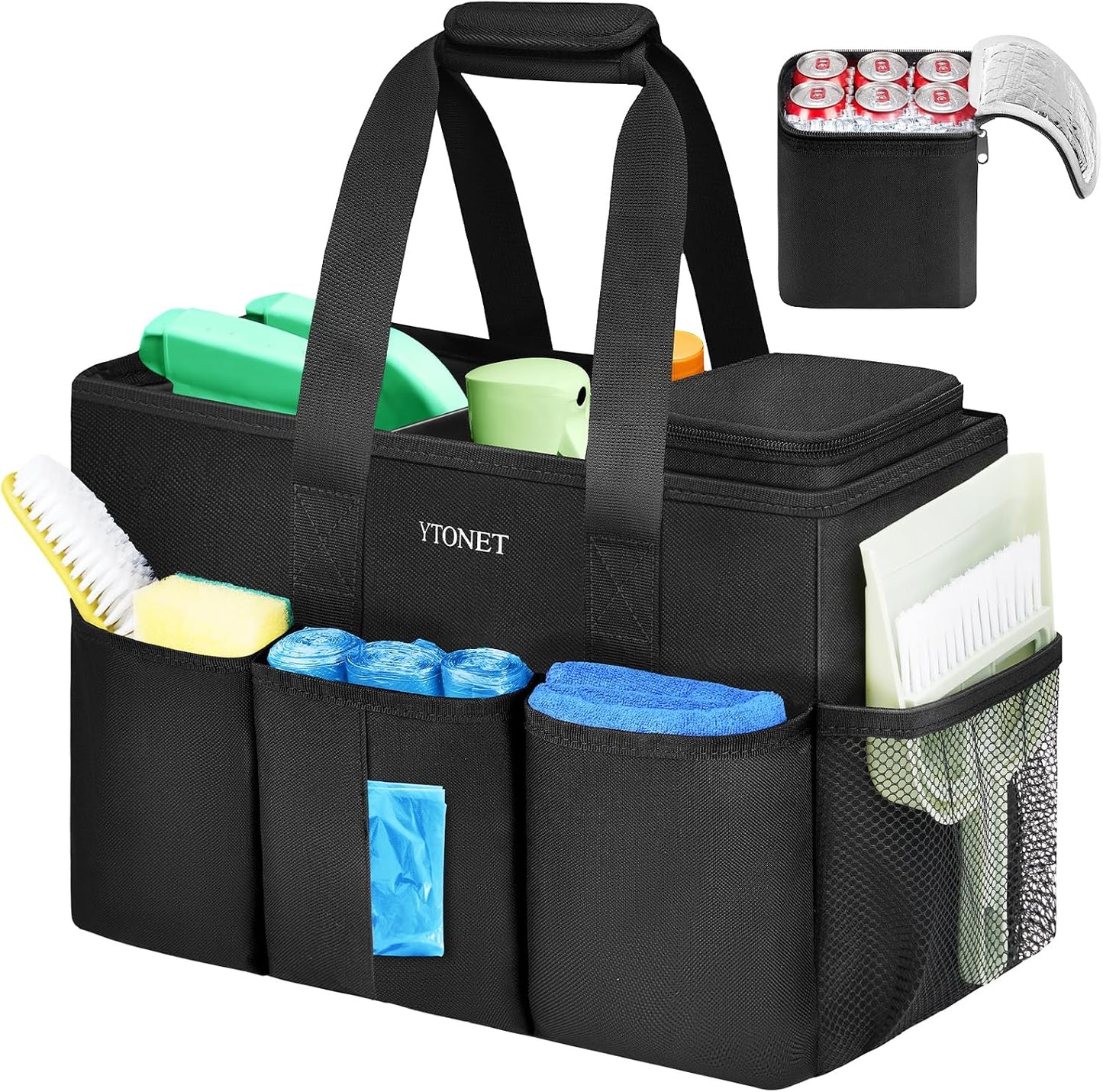 Ytonet Cleaning Caddy, Water Resistant Cleaning Supplies Organizer with Handle & Foldable Divider for Cleaners, Housekeeping Tote for Kitchen & Bathroom, Car Tool Caddy Organizer Bag, Black