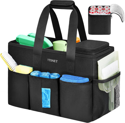 Ytonet Cleaning Caddy, Water Resistant Cleaning Supplies Organizer with Handle & Foldable Divider for Cleaners, Housekeeping Tote for Kitchen & Bathroom, Car Tool Caddy Organizer Bag, Black