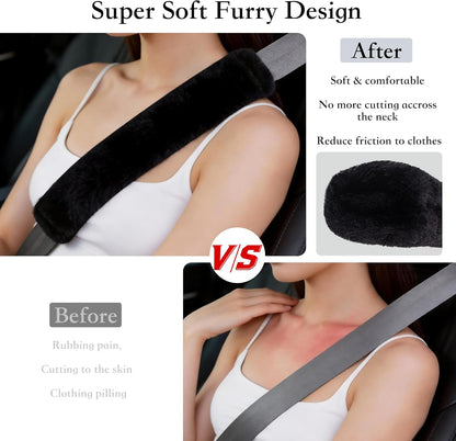 Amooca Soft Faux Fur Universal Fit Seatbelt Cover Car Truck SUV Airplane Seat Belt Shoulder Pad for Carmera Backpack Straps Neck Cushion Protector 2 Pack 10.5in Dark Gray