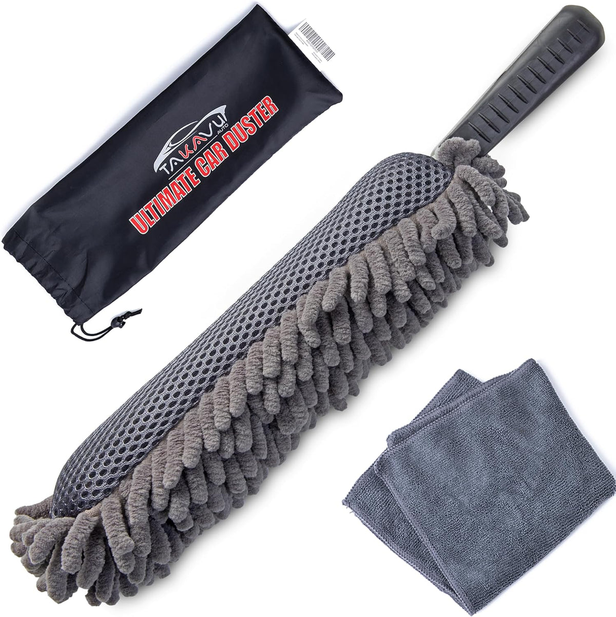 Car Duster Interior by TAKAVU, 360° Microfiber Fingers, Unbreakable Comfort Handle, Lint and Scratch Free, Include Microfiber Towel, for Car & Home Use, The Best Auto Accessories Gray