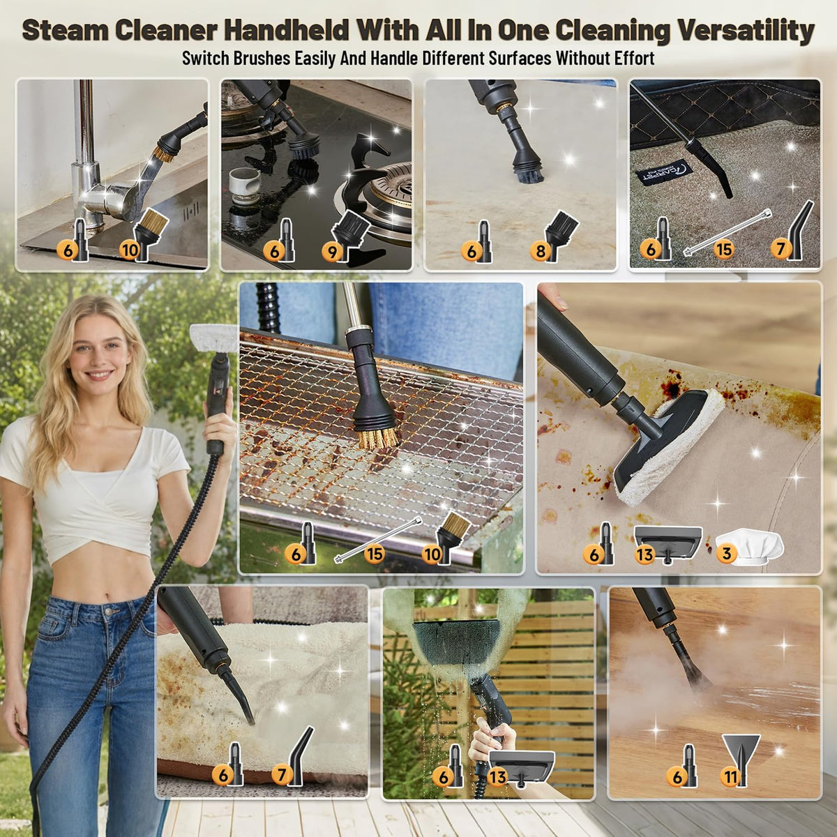Gautye Steam Cleaner, 3 Level Adjustable Handle with 15 Accessories, Black | 15s Heat Up, 1.69 Quarts Tank, Handle Steam Cleaner for Home, Steamer for Cleaning for Kitchen, Grout, Dirt, Tile, Floor, Car
