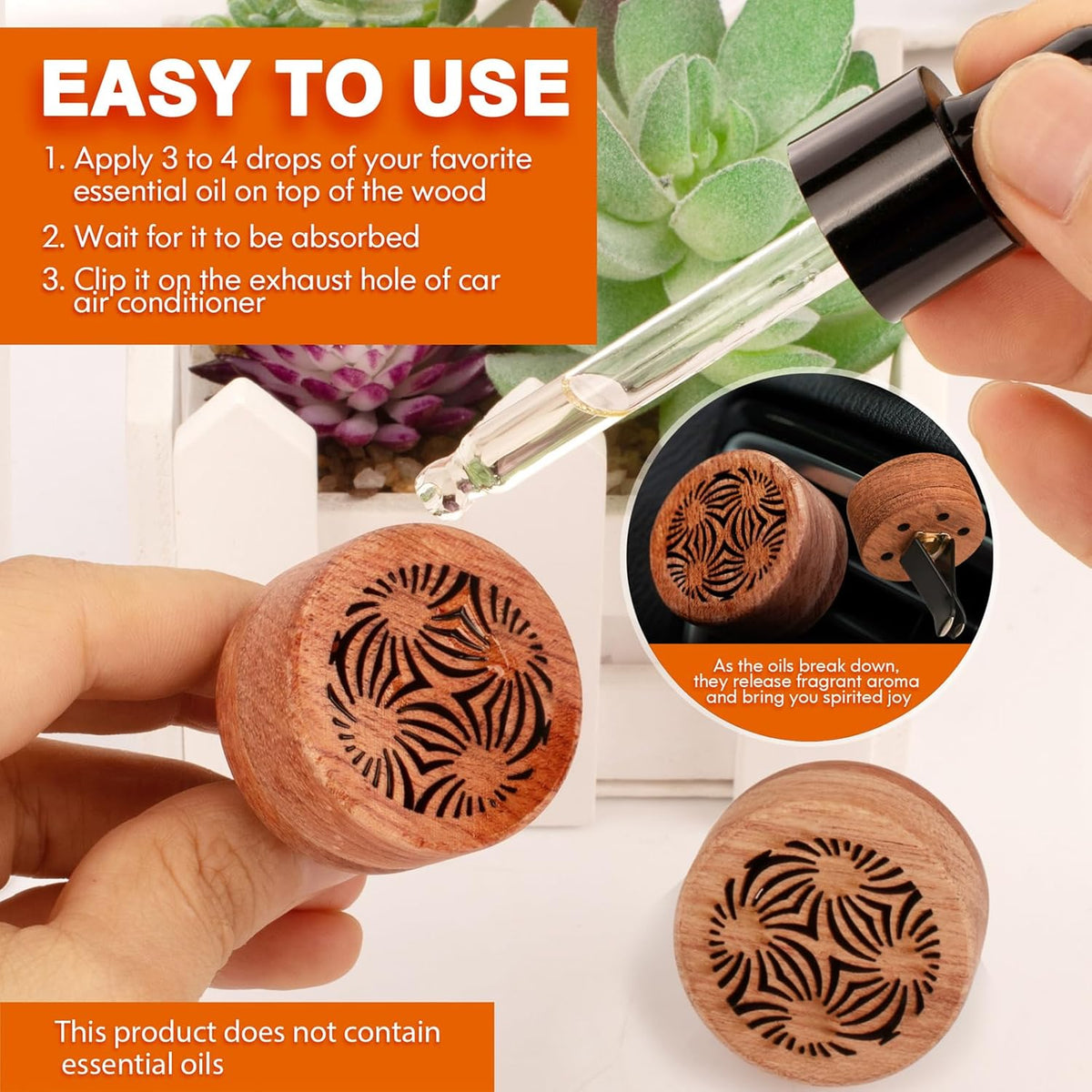 Essential Oil Car Diffuser, 2 PCS Car Aromatherapy Wood Diffuser with Vent Clip