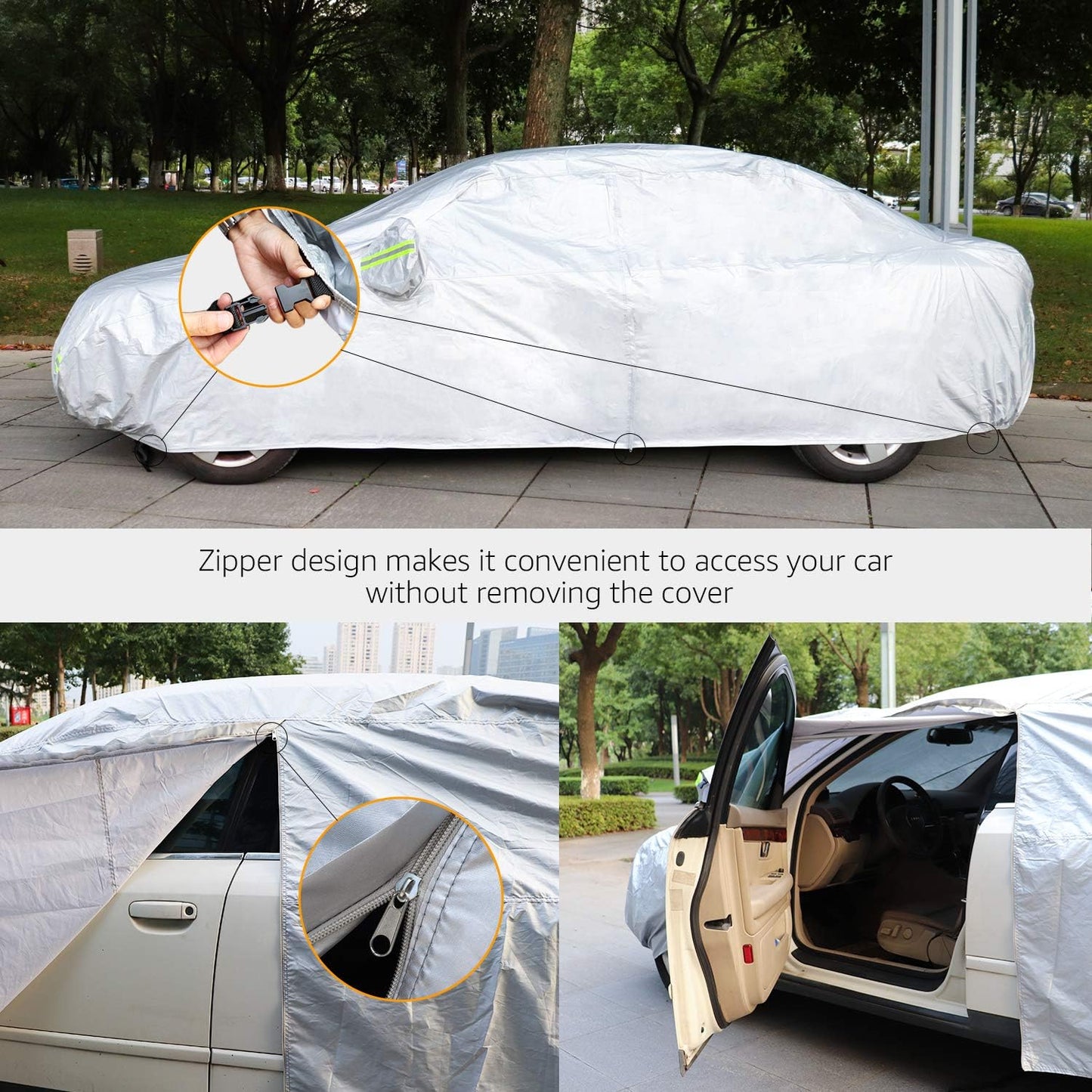 Amazon Basics Silver Weatherproof Car Cover, 150D Oxford, UV Protection, Snow Protection, Dustproof for Sedans up to 200", with Door Zipper