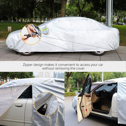 Amazon Basics Silver Weatherproof Car Cover, 150D Oxford, UV Protection, Snow Protection, Dustproof for Sedans up to 200", with Door Zipper