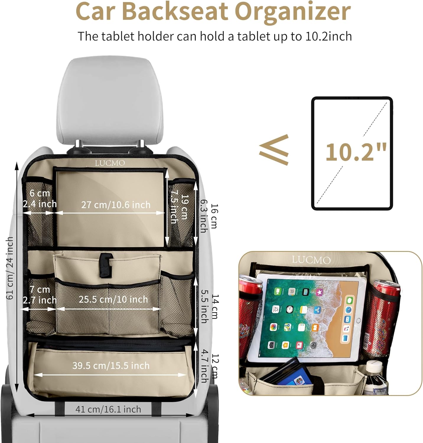 LUCMO Car Backseat Organizer with Tablet Holder,6 Storage Pockets Car Storage Organizer with Foldable Food Tray,Protectors Kick Mats Travel Accessories-Black