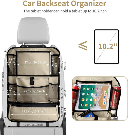 LUCMO Car Backseat Organizer with Tablet Holder,6 Storage Pockets Car Storage Organizer with Foldable Food Tray,Protectors Kick Mats Travel Accessories-Black