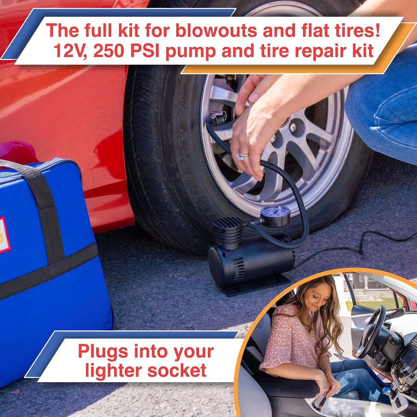 Car Emergency Kit with Air Compressor, Jumper Cables, First Aid, Tow Strap, Tire Gauge, Headlamp – Roadside Safety Kit for Women, Men, Teens