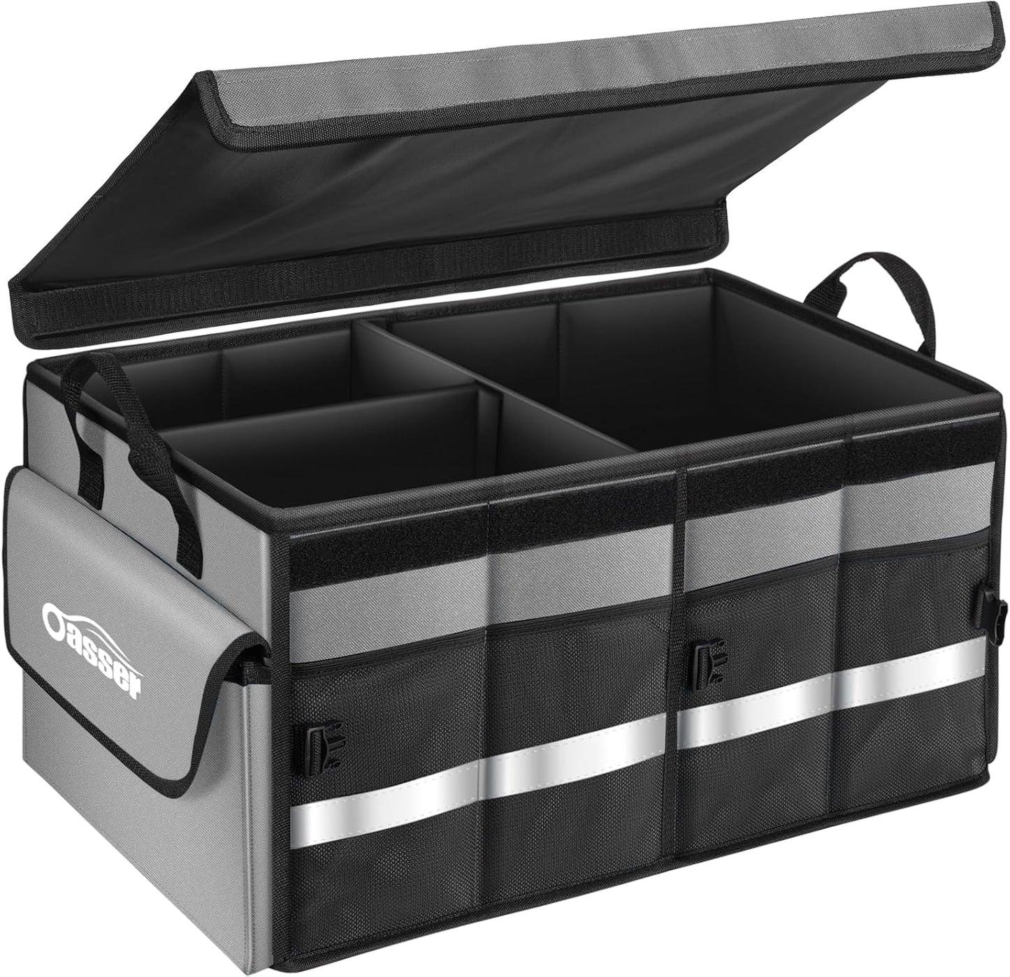 Oasser Car Trunk Organizer, 3 Compartments Collapsible Waterproof Car Organizer Storage with Foldable Cover, Reflective Strip, Non-Slip Bottom, 4 Mesh Pockets for SUV/Truck/Sedan/Camping/Road Trip