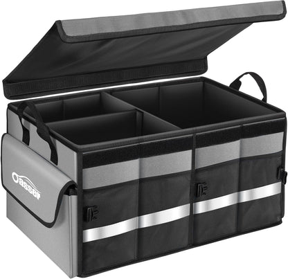 Oasser Car Trunk Organizer, 3 Compartments Collapsible Waterproof Car Organizer Storage with Foldable Cover, Reflective Strip, Non-Slip Bottom, 4 Mesh Pockets for SUV/Truck/Sedan/Camping/Road Trip