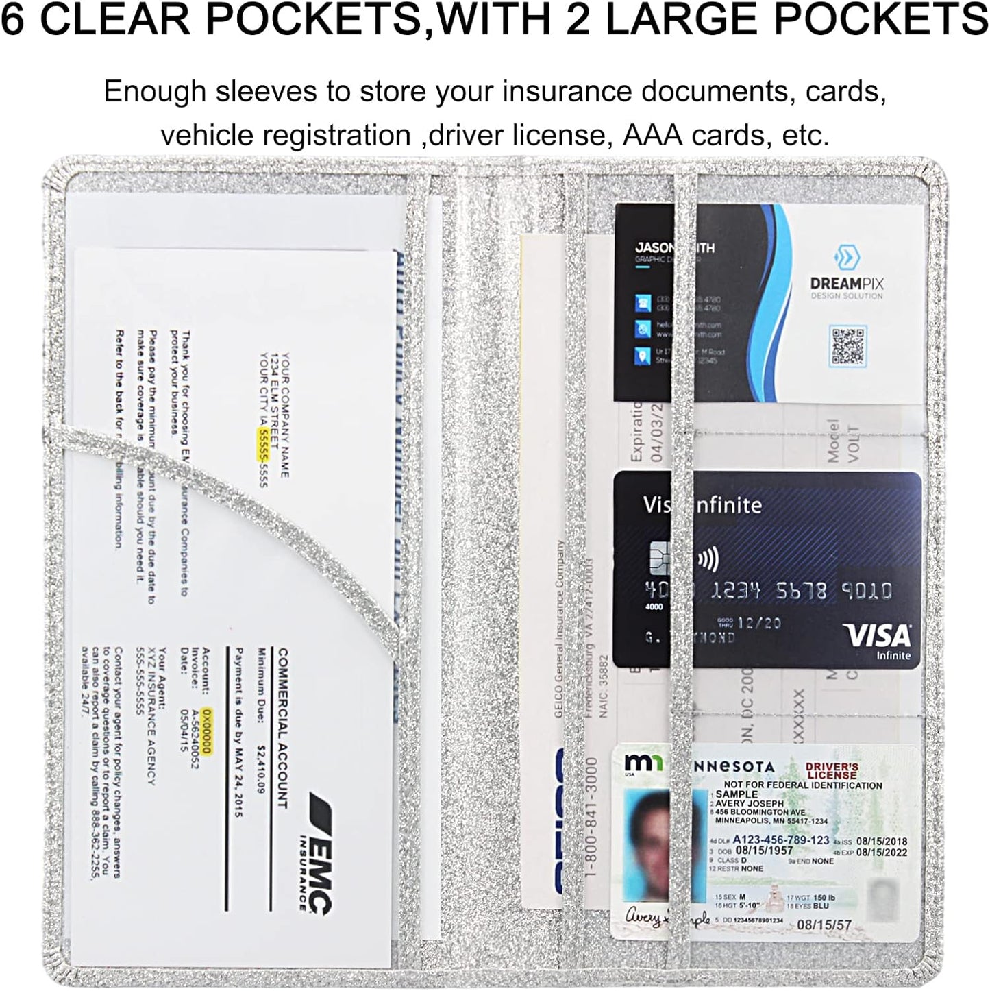 Car Registration and Insurance Holder, Premium Leather Insurance and Registration Holder,vehicle Glove Box Car Organizer, with Magnetic Shut for Cards, Driver License (Glitter Silver)