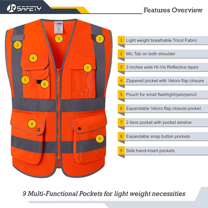JKSafety 9 Pockets Class 2 High Visibility Zipper Front Safety Vest With Reflective Strips,Meets ANSI/ISEA Standard (Large, 150-Yellow) - Colors A