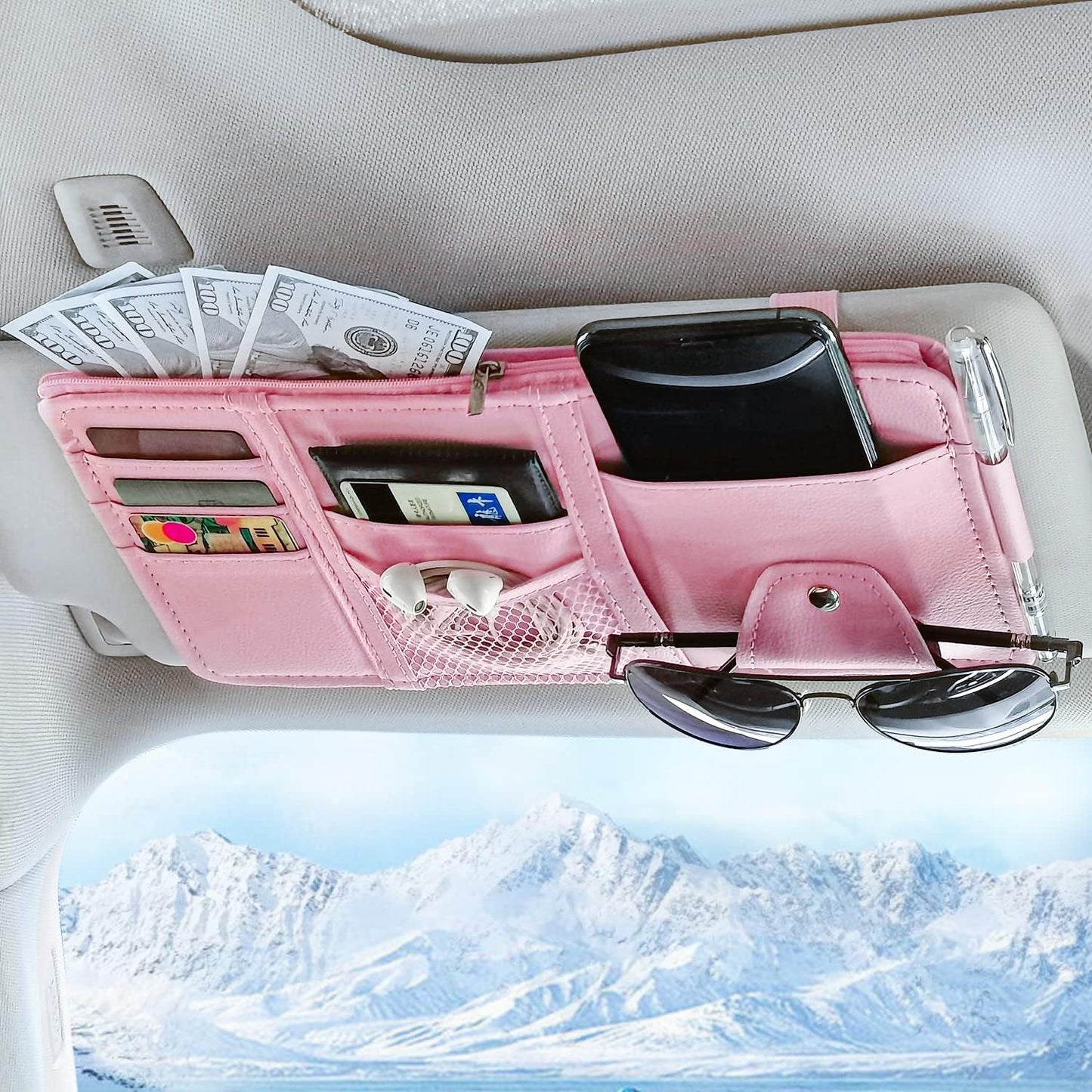 Keedolla Car Sun Visor Organizer, Truck Visor Organizer Car Sun Storage Pocket Pouch Case Bag for Sunglasses, Cards, Pens and Document - Pink