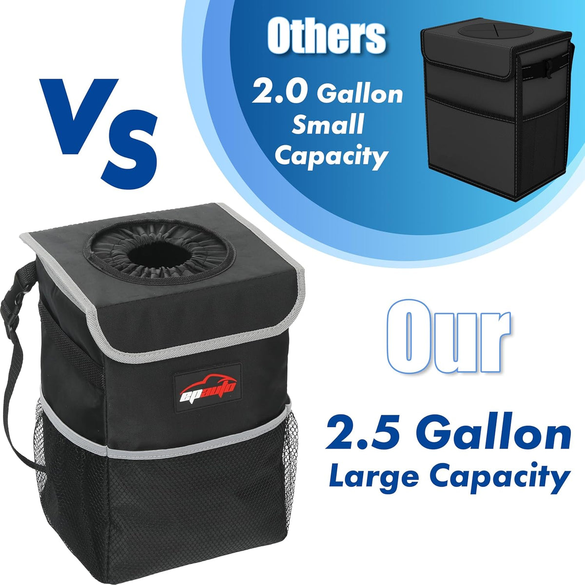 EPAuto Waterproof Car Trash Can with Lid and Storage Pockets, 2.5 Gallon, Black