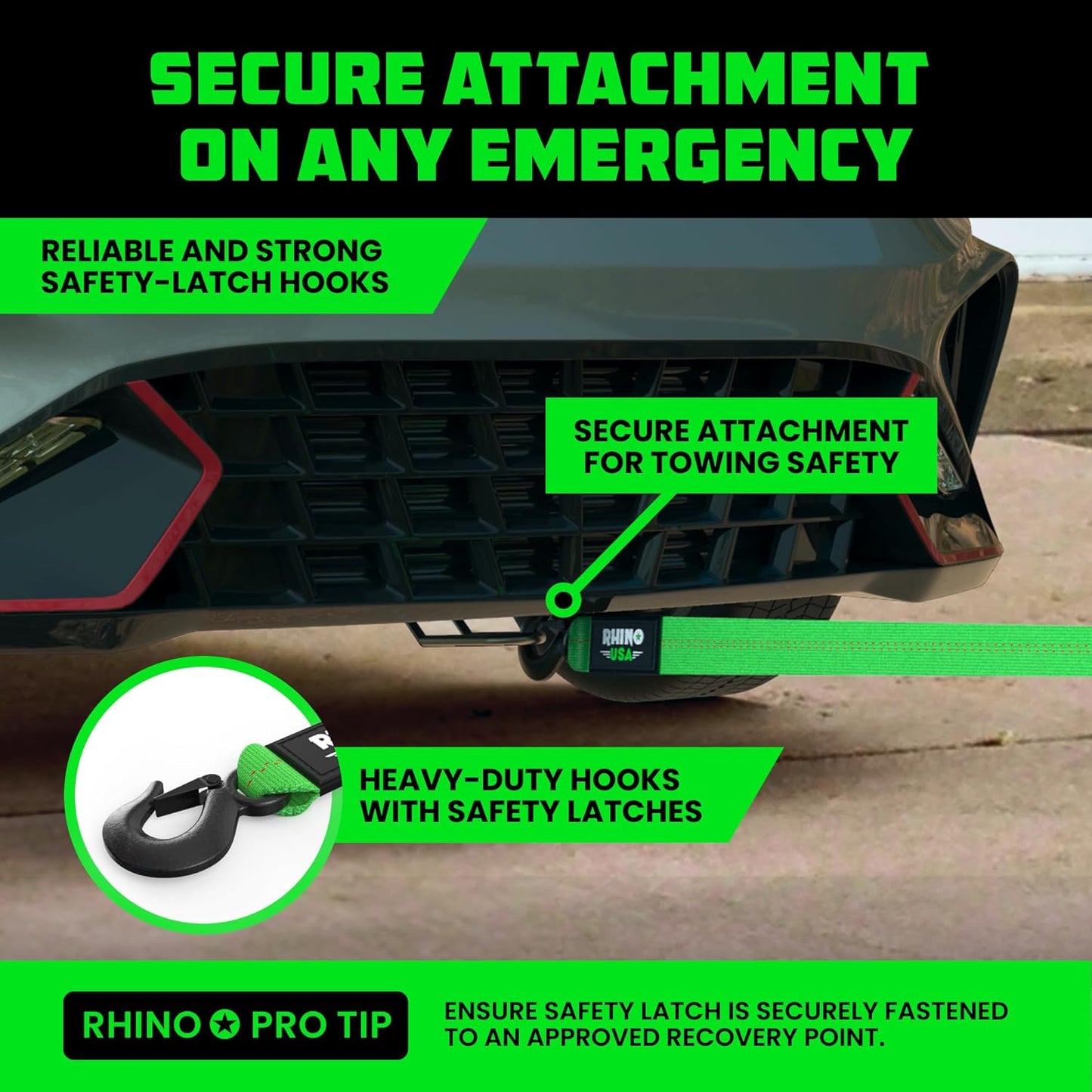 Rhino USA Tow Strap with Hooks (2 Inch x 20 Foot) Lab Inspected 10,321lbs Break Strength - Heavy Duty Emergency Towing Straps with Forged Steel Hooks for Roadside Recovery - Not for OffRoad Recoveries