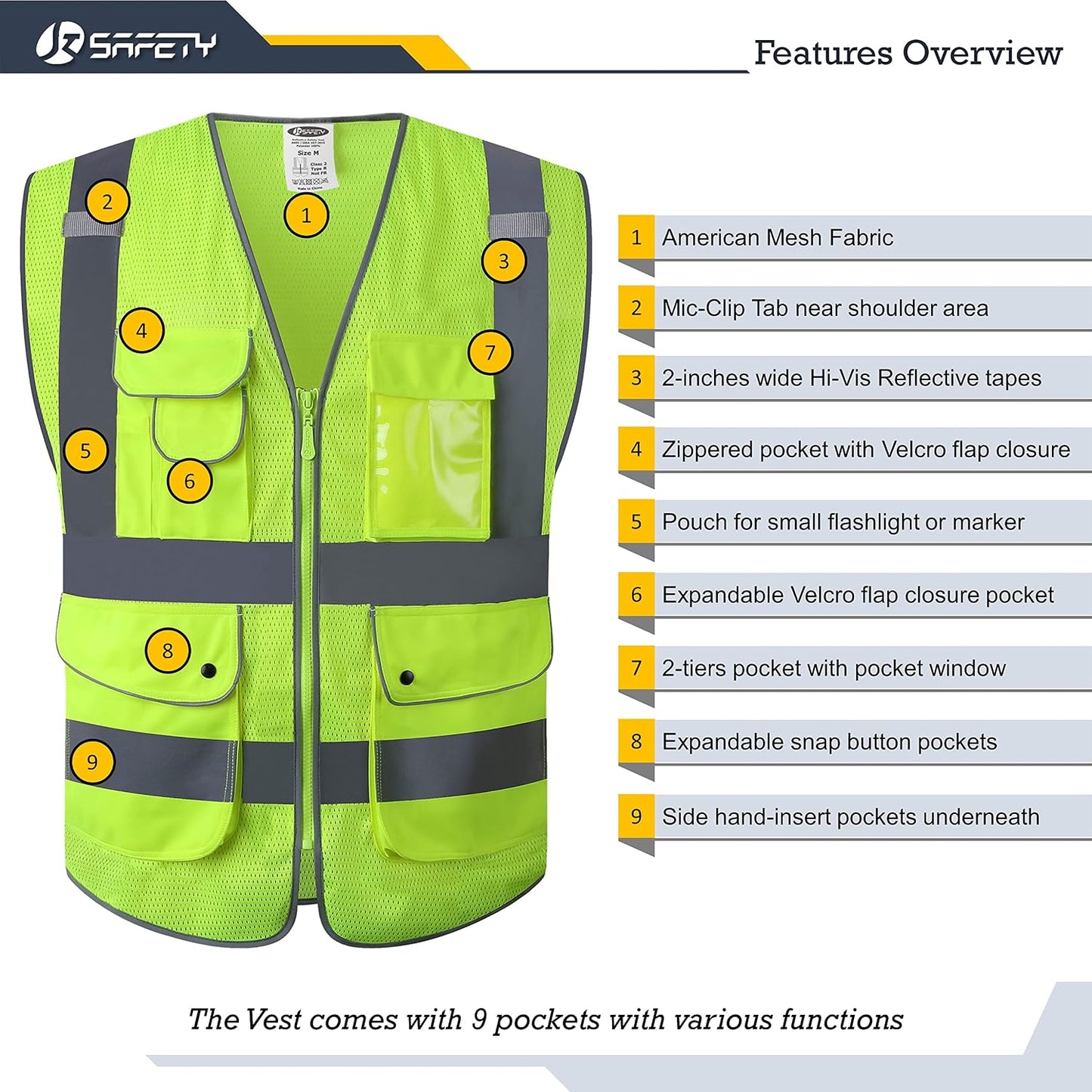 JKSafety 9 Pockets Class 2 High Visibility Zipper Front Safety Vest With Reflective Strips,Meets ANSI/ISEA Standard (Large, 150-Yellow) - Colors A
