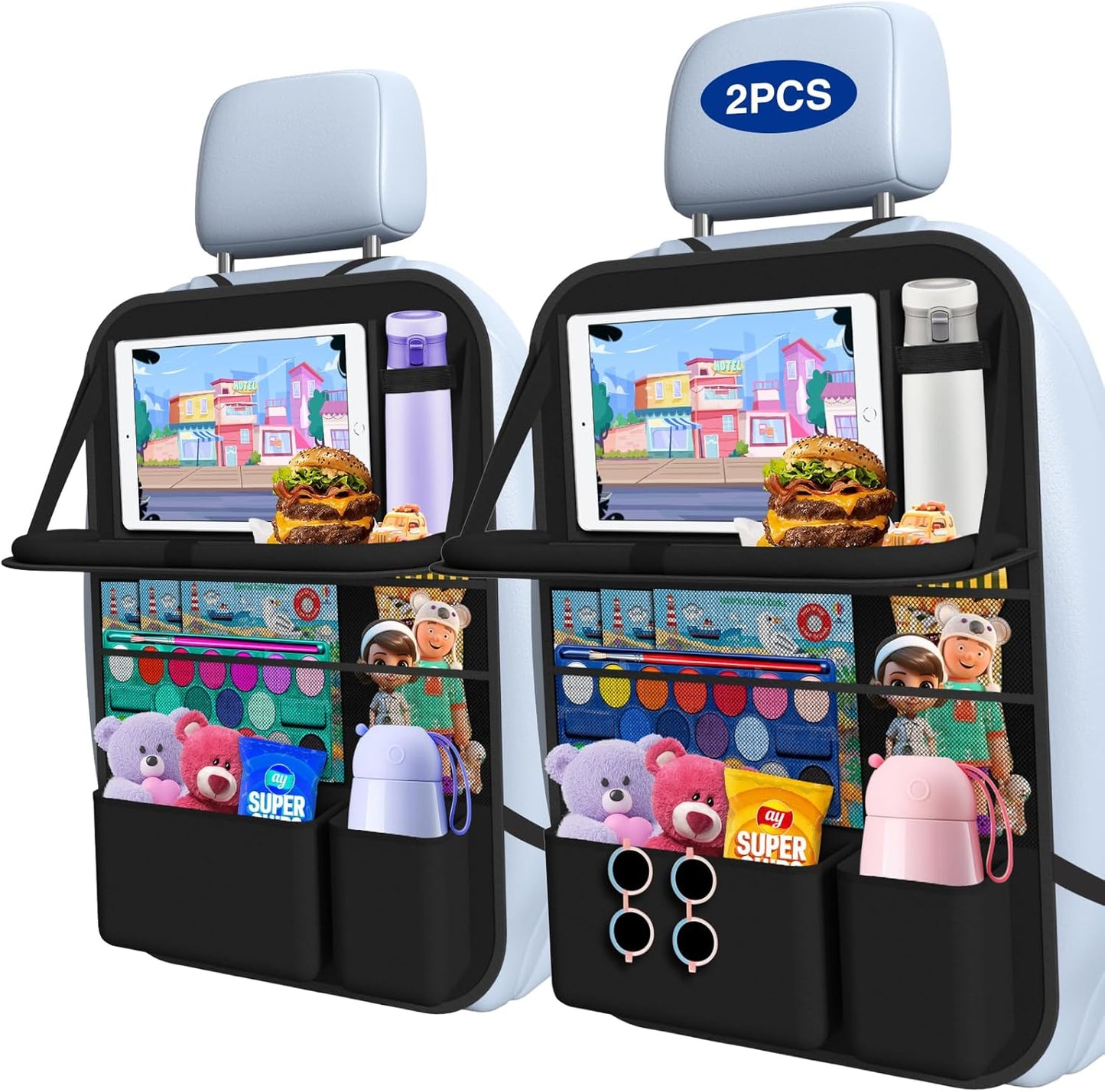 Car Backseat Organizer with table Tray(1Pack) 9 Storage Pockets Backseat Car Organizer with Tablet Holder, Back seat Organizer for Kids Road Trip Essentials Travel