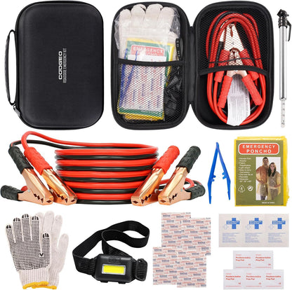 Car Roadside Emergency Kit with Battery Jumper Cables,Car Accessories for Men or Women,Automotive Safety Kit for Car,Vehicle, Truck or SUV,Gifts for Men or Him,Green
