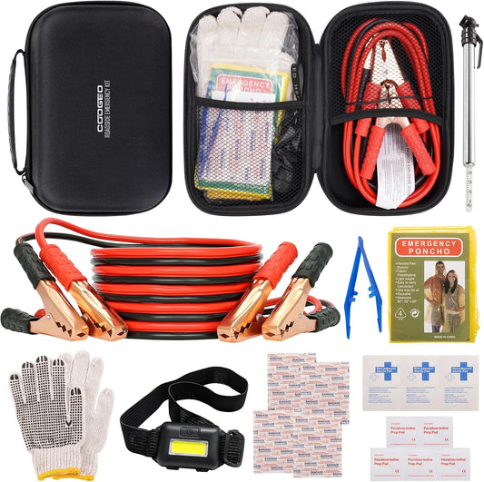 Car Roadside Emergency Kit with Battery Jumper Cables,Car Accessories for Men or Women,Automotive Safety Kit for Car,Vehicle, Truck or SUV,Gifts for Men or Him,Green