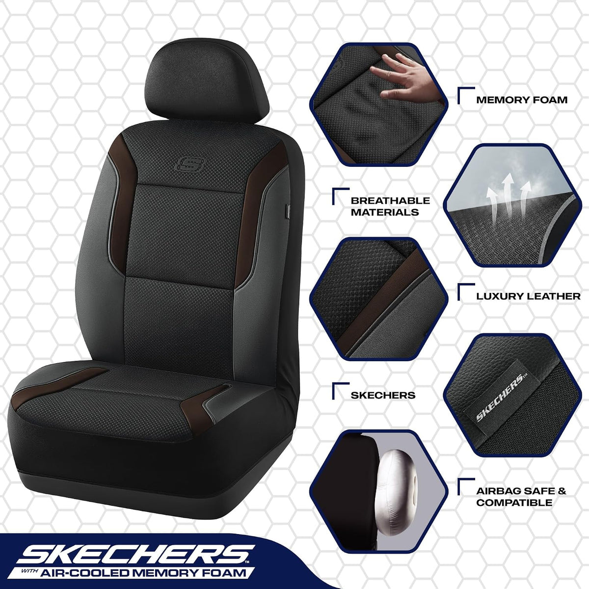 Skechers Memory Foam Seat Covers, Air Cool Mesh Thick Car Seat Covers, Car Seat Covers Front Seats Airbag Compatible, Universal Automotive Comfort for Most Cars, Vans, Trucks, SUV,Black