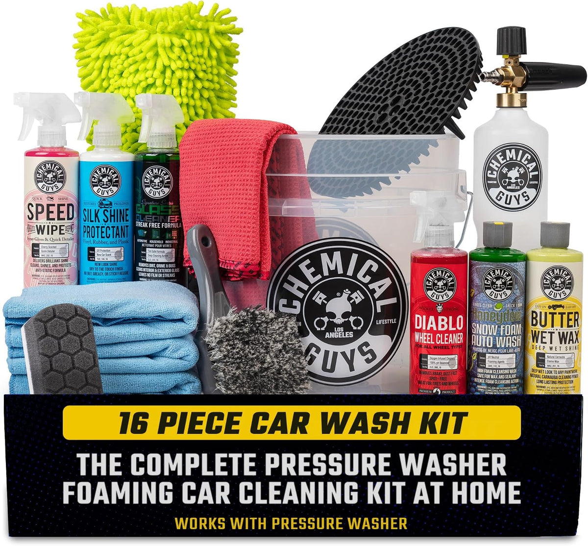 Chemical Guys 16-Piece Arsenal Builder Car Wash Kit with Foam Cannon, Bucket, and 6 x 16 oz Care Chemicals - Car Detailing Kit Works with Pressure Washers, Trucks, SUVs, Motorcycles, and More