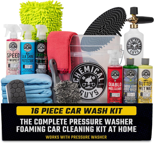 Chemical Guys 16-Piece Arsenal Builder Car Wash Kit with Foam Cannon, Bucket, and 6 x 16 oz Care Chemicals - Car Detailing Kit Works with Pressure Washers, Trucks, SUVs, Motorcycles, and More