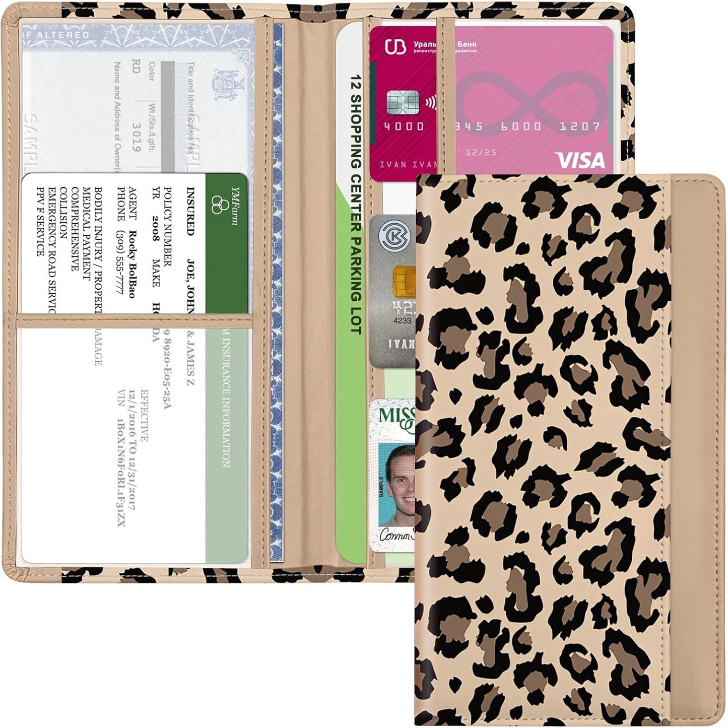 Car Registration and Insurance Holder, with Magnetic Closure for License, Cards and Documents, All Vehicle Needs and Car Accessories (Leopard-Black)