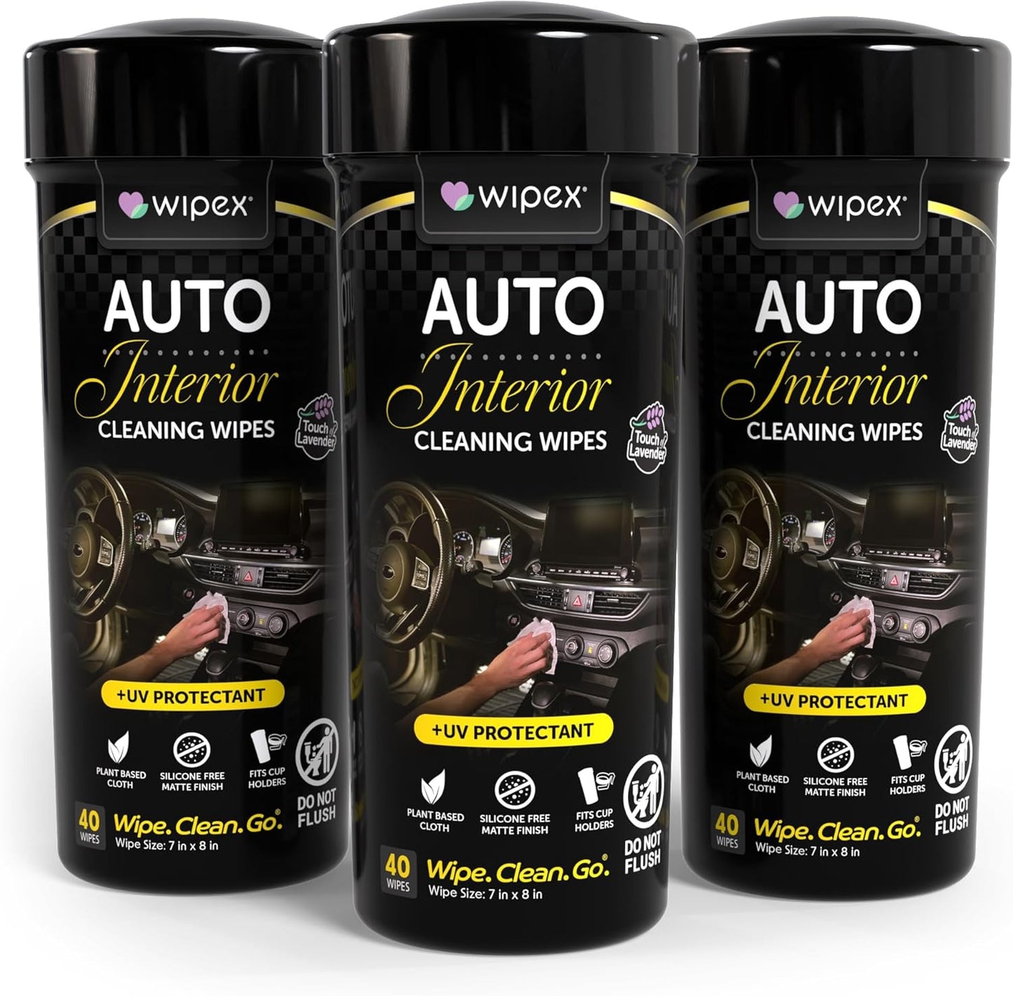 Wipex Auto Interior Car Cleaning Wipes - Plant Based Car Wipes - Lavender Essence, Safe for Vinyl, Rubber, Plastic, Leather, Chrome, Non-Greasy Matte Finish, UV Protectant, 40Ct Car Detailing Supplies