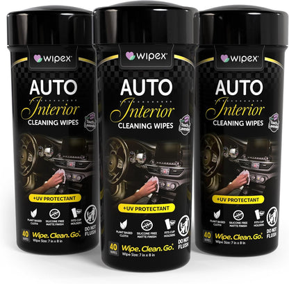Wipex Auto Interior Car Cleaning Wipes - Plant Based Car Wipes - Lavender Essence, Safe for Vinyl, Rubber, Plastic, Leather, Chrome, Non-Greasy Matte Finish, UV Protectant, 40Ct Car Detailing Supplies