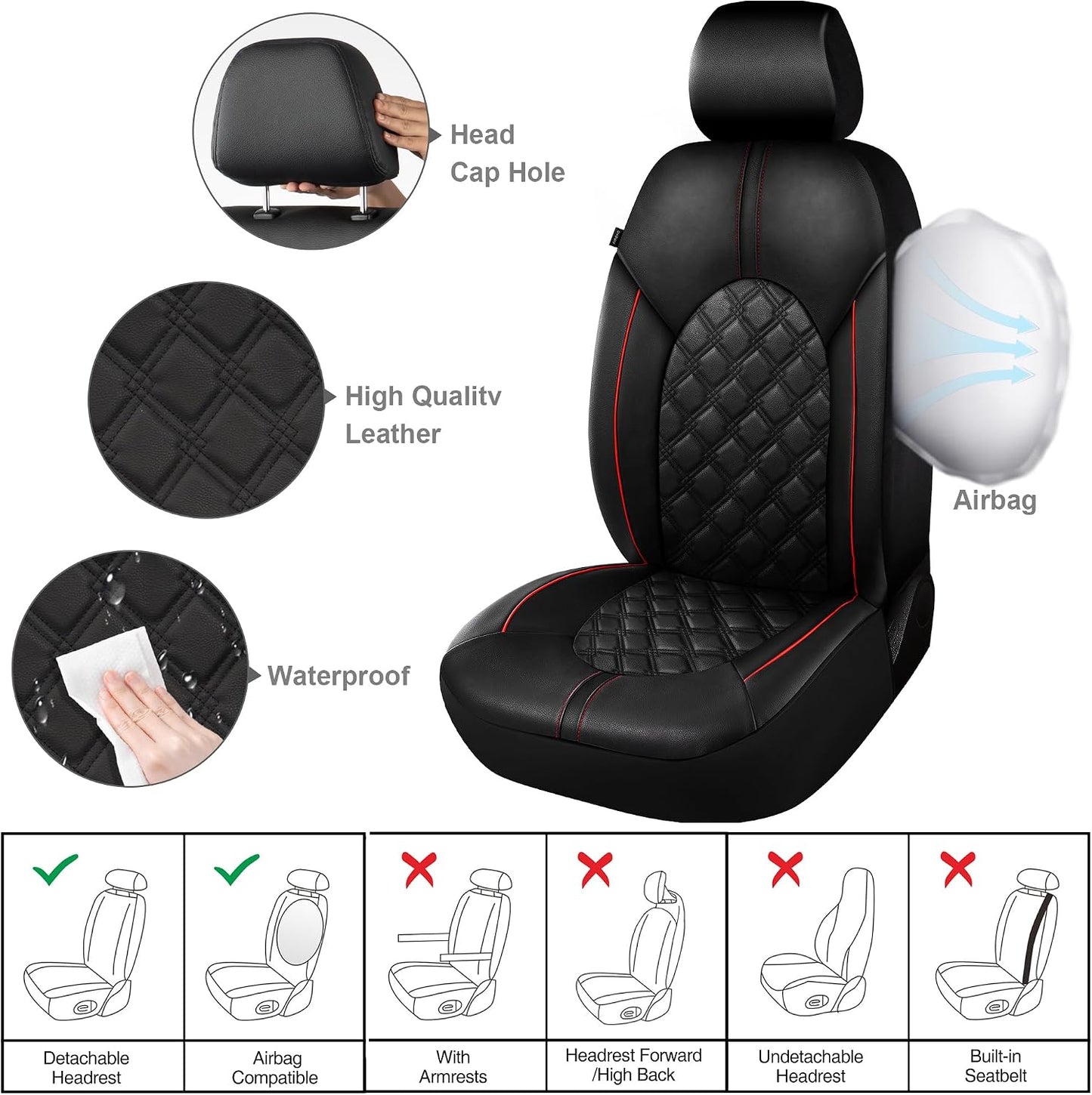 CAROMOP Luxury PU Leather Car Seat Covers Full Set-Waterproof Seat Protectors with Split Bench Seat Covers for Cars-Universal Cars Interior Covers for Sedans, SUVs, Pick-up Trucks(Gray/Gray Line)